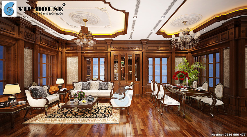 Mẫu thiết kế nội thất tân cổ điển đẹp với vật liệu gỗ sang trọng